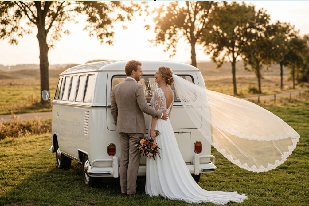 Witte VW bus vintage trouwen