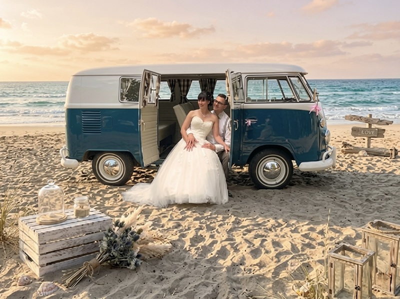 blauw VW busje T1 aan de zee Den Haag