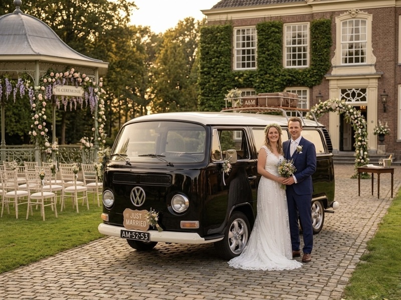 Zwarte T2a VW bus trouwen