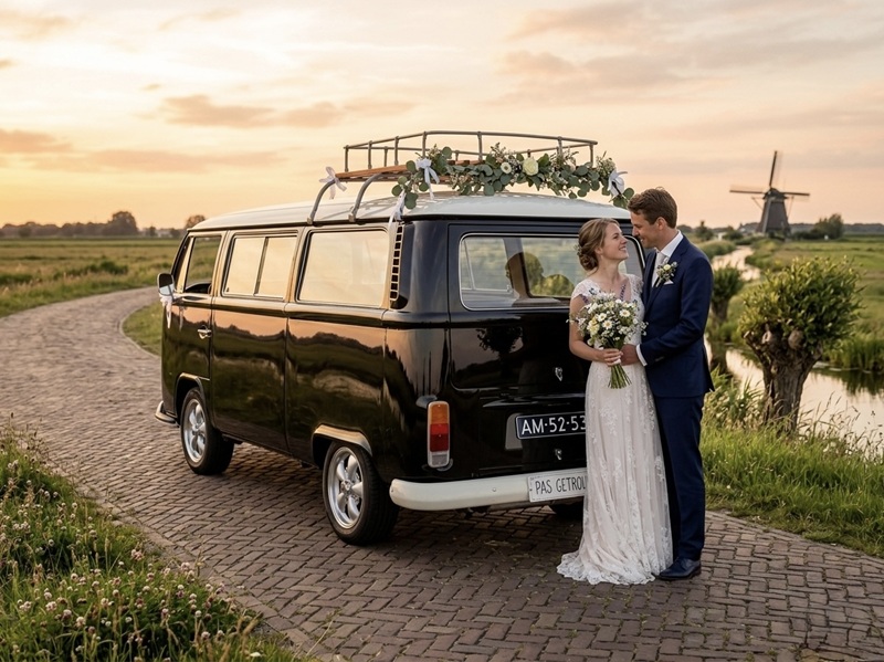 Zwarte T2a Volkswagen busje Bruidspaar