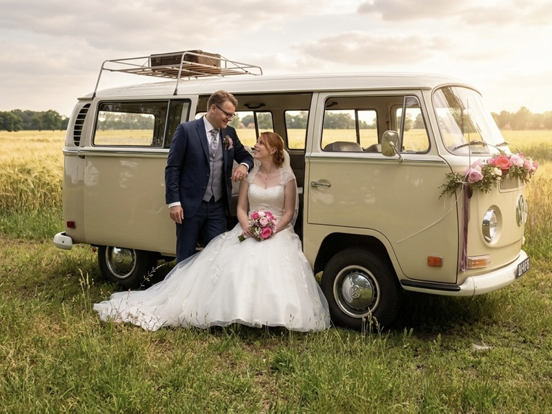 beige seventies T2a VW bus huren trouwauto