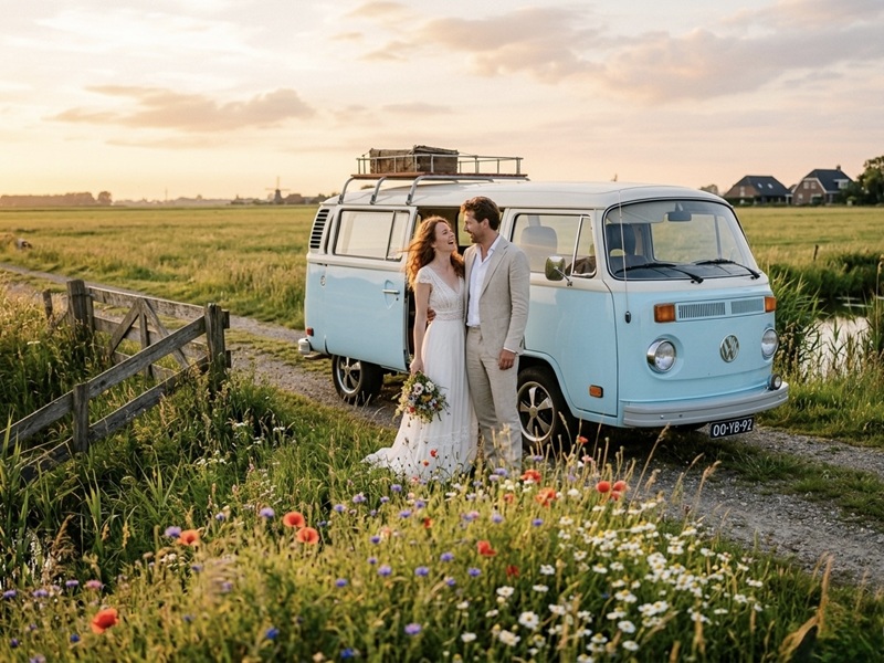 pastelblauw Volkswagen busje met bruidspaar oldtimer