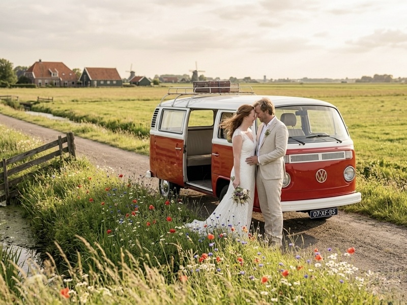 rood VW busje type T2 trouwen